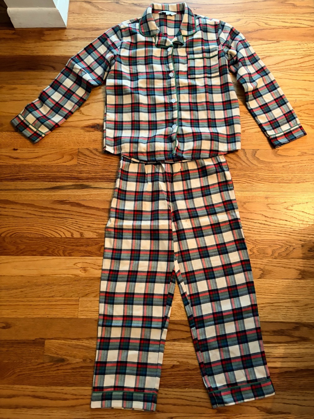 The Company Store Plaid Button-Front Kids Pajama Set - Cream, Red & Green